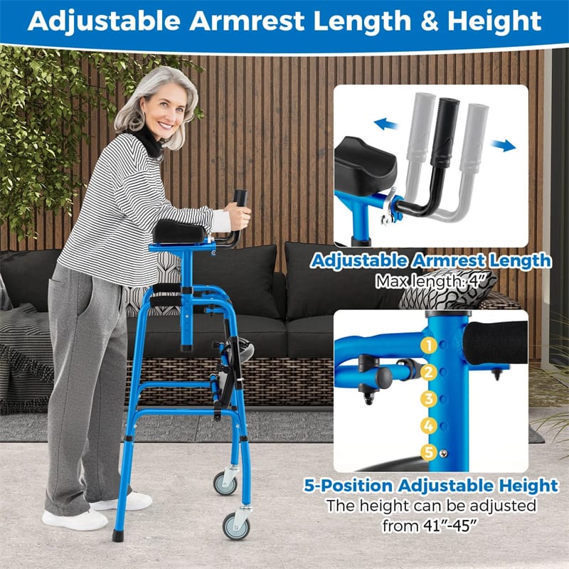 Aluminum Standard Folding Walker, 450LB All-Terrain Stand-Assist Walker with Seat, 5" Wheels & Adjustable Armrests, Lightweight for Seniors