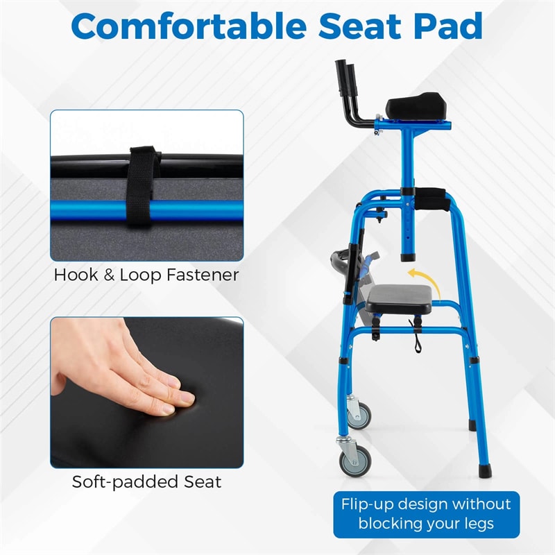 Aluminum Standard Folding Walker, 450LB All-Terrain Stand-Assist Walker with Seat, 5" Wheels & Adjustable Armrests, Lightweight for Seniors