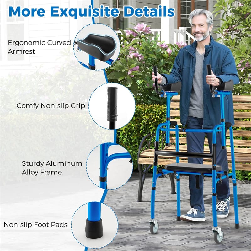 Aluminum Standard Folding Walker, 450LB All-Terrain Stand-Assist Walker with Seat, 5" Wheels & Adjustable Armrests, Lightweight for Seniors