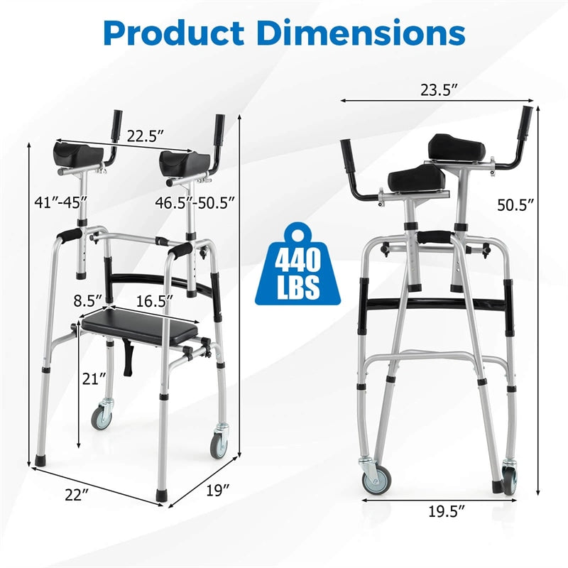 Aluminum Standard Folding Walker, 450LB All-Terrain Stand-Assist Walker with Seat, 5" Wheels & Adjustable Armrests, Lightweight for Seniors