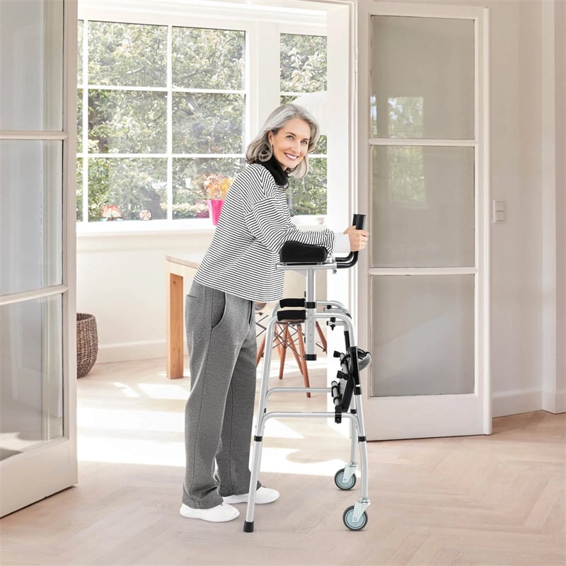 Aluminum Standard Folding Walker, 450LB All-Terrain Stand-Assist Walker with Seat, 5" Wheels & Adjustable Armrests, Lightweight for Seniors