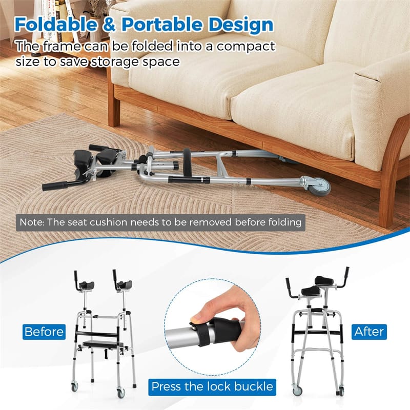 Aluminum Standard Folding Walker, 450LB All-Terrain Stand-Assist Walker with Seat, 5" Wheels & Adjustable Armrests, Lightweight for Seniors