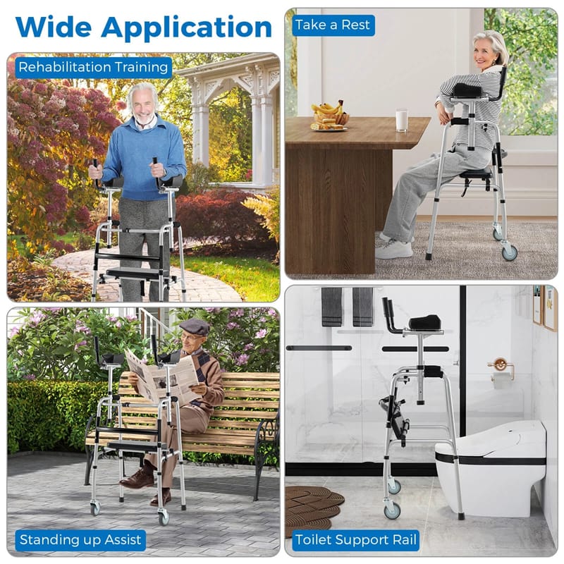 Aluminum Standard Folding Walker, 450LB All-Terrain Stand-Assist Walker with Seat, 5" Wheels & Adjustable Armrests, Lightweight for Seniors
