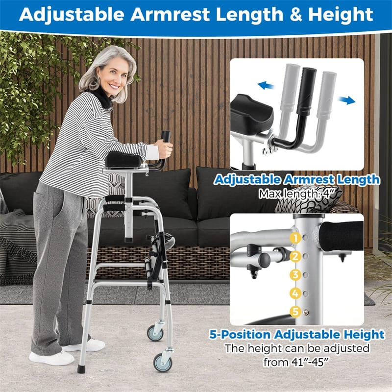 Aluminum Standard Folding Walker, 450LB All-Terrain Stand-Assist Walker with Seat, 5" Wheels & Adjustable Armrests, Lightweight for Seniors