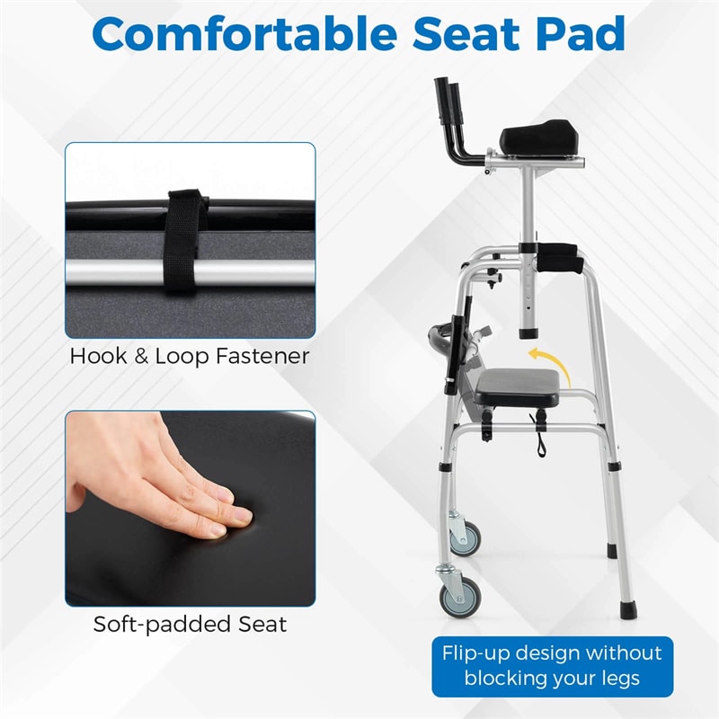 Aluminum Standard Folding Walker, 450LB All-Terrain Stand-Assist Walker with Seat, 5" Wheels & Adjustable Armrests, Lightweight for Seniors