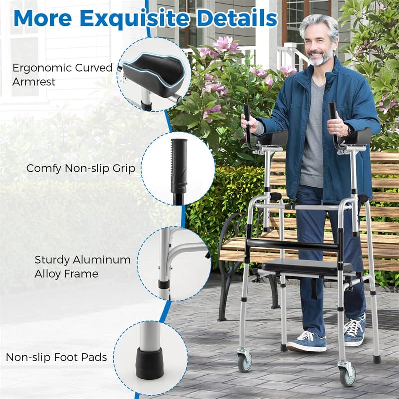 Aluminum Standard Folding Walker, 450LB All-Terrain Stand-Assist Walker with Seat, 5" Wheels & Adjustable Armrests, Lightweight for Seniors