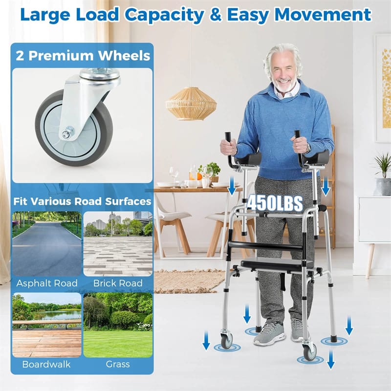Aluminum Standard Folding Walker, 450LB All-Terrain Stand-Assist Walker with Seat, 5" Wheels & Adjustable Armrests, Lightweight for Seniors