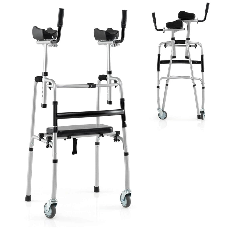 Aluminum Standard Folding Walker, 450LB All-Terrain Stand-Assist Walker with Seat, 5" Wheels & Adjustable Armrests, Lightweight for Seniors