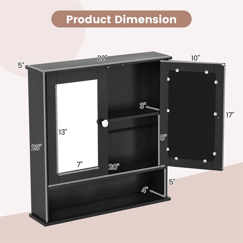 Mirrored Bathroom Storage Cabinet Organizer, Wall Mounted Medicine Cabinet w/Double Mirror Doors & Adjustable Shelf