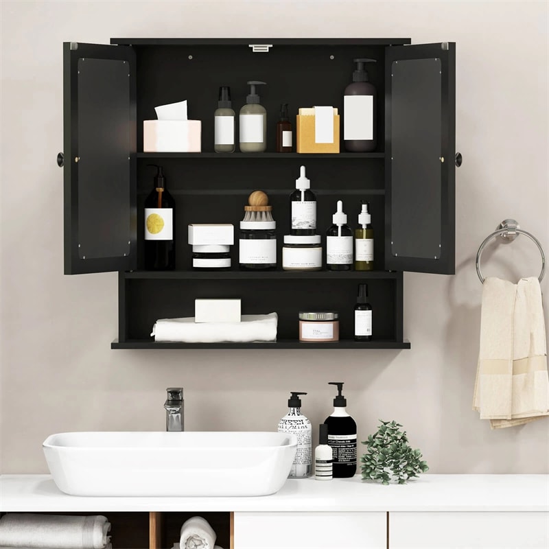 Mirrored Bathroom Storage Cabinet Organizer, Wall Mounted Medicine Cabinet w/Double Mirror Doors & Adjustable Shelf