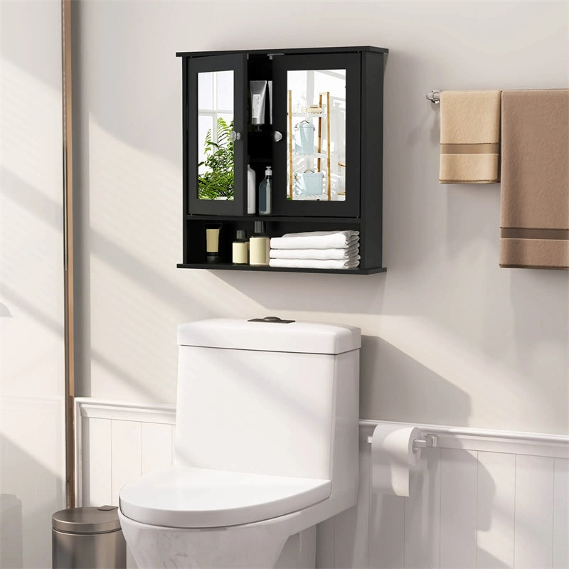 Mirrored Bathroom Storage Cabinet Organizer, Wall Mounted Medicine Cabinet w/Double Mirror Doors & Adjustable Shelf