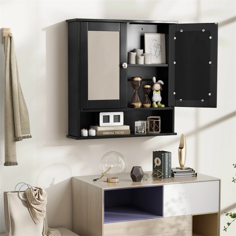 Mirrored Bathroom Storage Cabinet Organizer, Wall Mounted Medicine Cabinet w/Double Mirror Doors & Adjustable Shelf