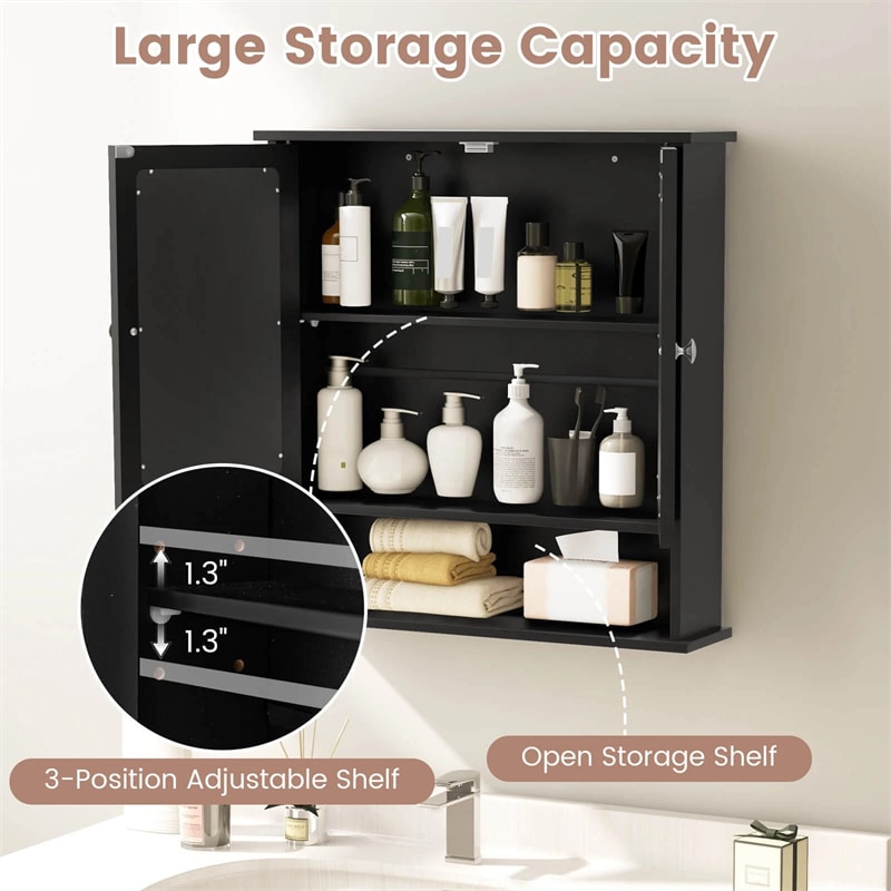 Mirrored Bathroom Storage Cabinet Organizer, Wall Mounted Medicine Cabinet w/Double Mirror Doors & Adjustable Shelf