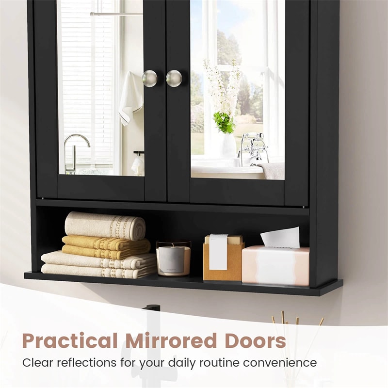 Mirrored Bathroom Storage Cabinet Organizer, Wall Mounted Medicine Cabinet w/Double Mirror Doors & Adjustable Shelf