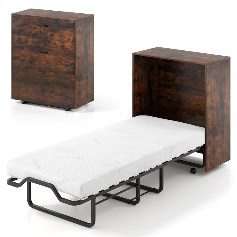 Cot Size Murphy Bed Cabinet with Mattress, 74"x31" Fold-Down Bed with Storage, Lockable Wheels & Metal Frame for Adults, Guests