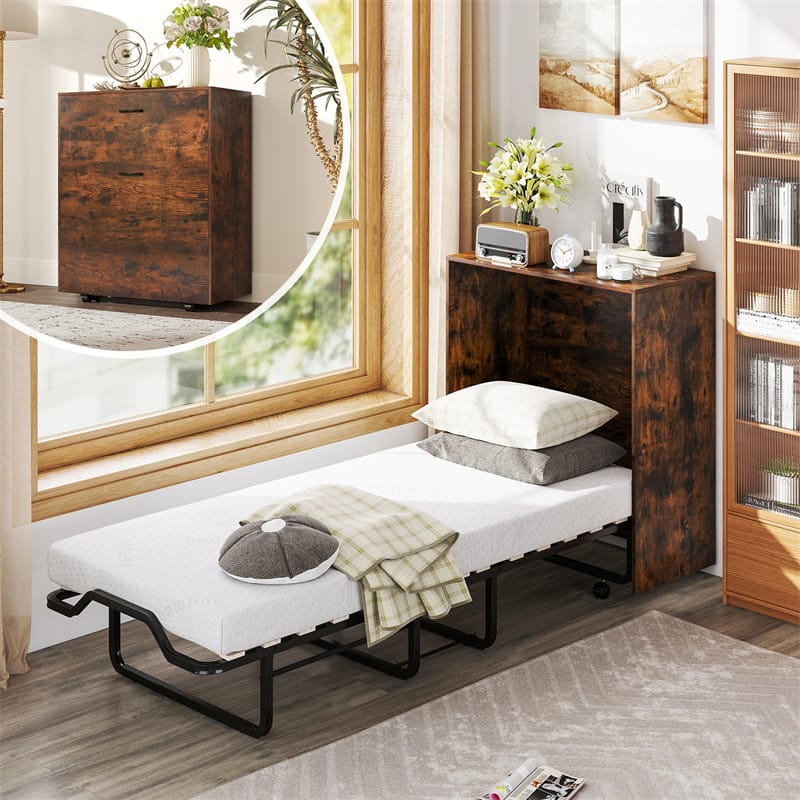 Cot Size Murphy Bed Cabinet with Mattress, 74"x31" Fold-Down Bed with Storage, Lockable Wheels & Metal Frame for Adults, Guests