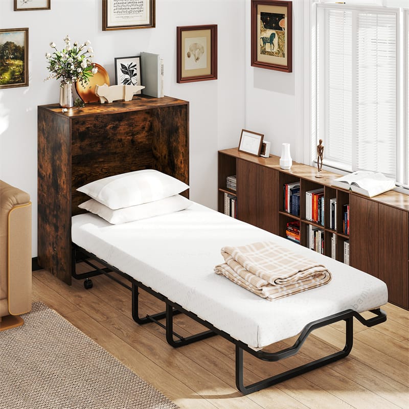 Cot Size Murphy Bed Cabinet with Mattress, 74"x31" Fold-Down Bed with Storage, Lockable Wheels & Metal Frame for Adults, Guests