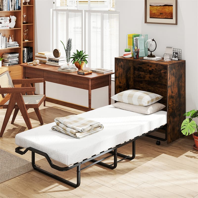 Cot Size Murphy Bed Cabinet with Mattress, 74"x31" Fold-Down Bed with Storage, Lockable Wheels & Metal Frame for Adults, Guests