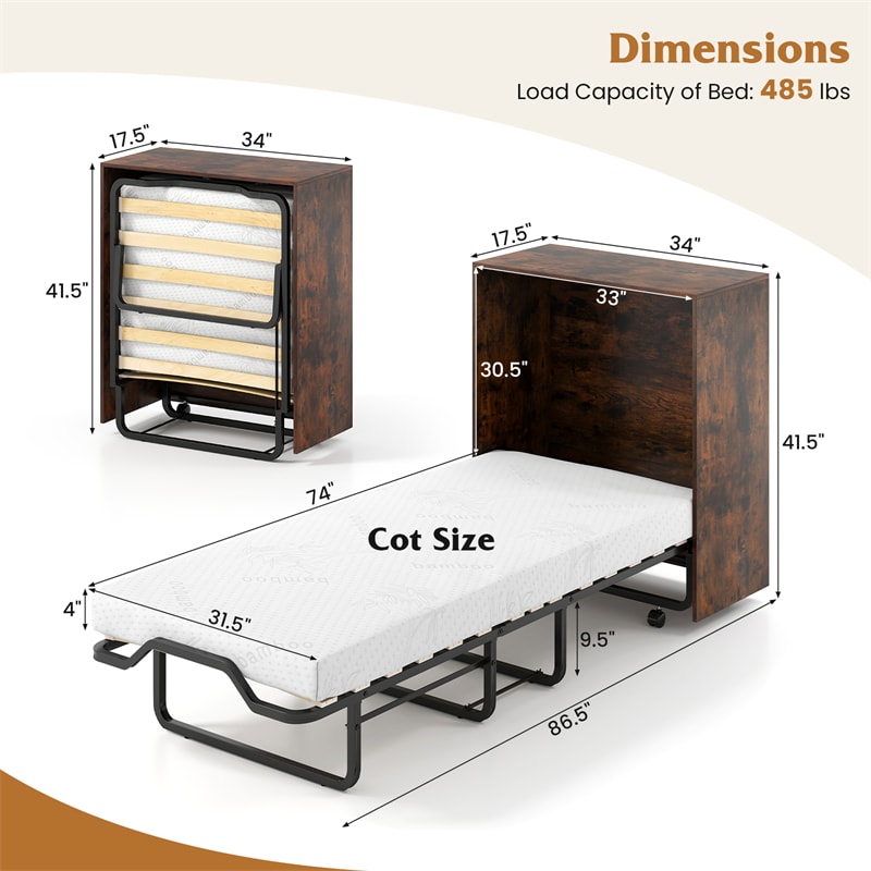 Cot Size Murphy Bed Cabinet with Mattress, 74"x31" Fold-Down Bed with Storage, Lockable Wheels & Metal Frame for Adults, Guests