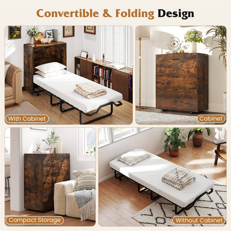 Cot Size Murphy Bed Cabinet with Mattress, 74"x31" Fold-Down Bed with Storage, Lockable Wheels & Metal Frame for Adults, Guests
