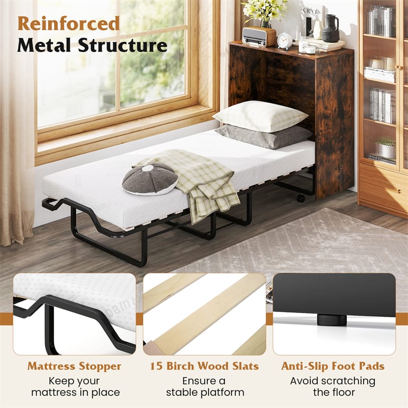 Cot Size Murphy Bed Cabinet with Mattress, 74"x31" Fold-Down Bed with Storage, Lockable Wheels & Metal Frame for Adults, Guests