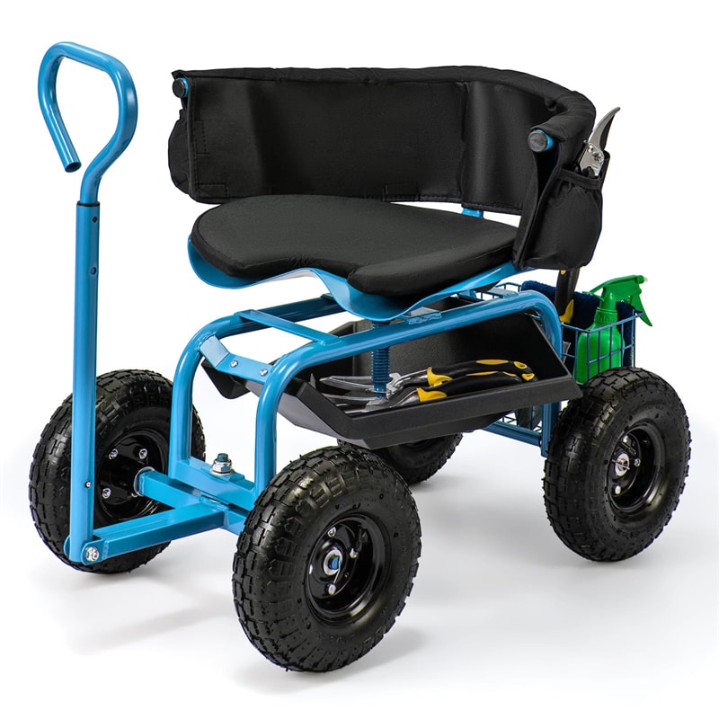 Cushioned Rolling Garden Cart Workseat Yard Wagon Scooter with Storage Basket & Extendable Steering Handle