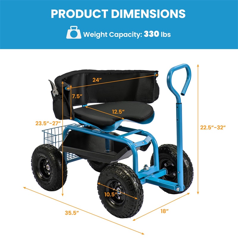 Cushioned Rolling Garden Cart Workseat Yard Wagon Scooter with Storage Basket & Extendable Steering Handle