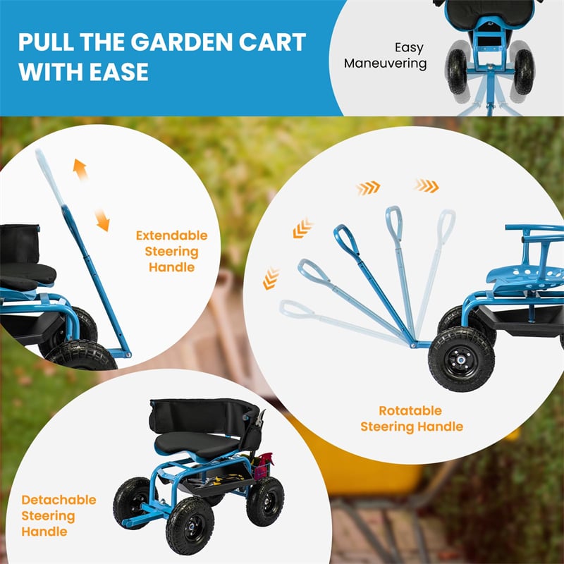 Cushioned Rolling Garden Cart Workseat Yard Wagon Scooter with Storage Basket & Extendable Steering Handle