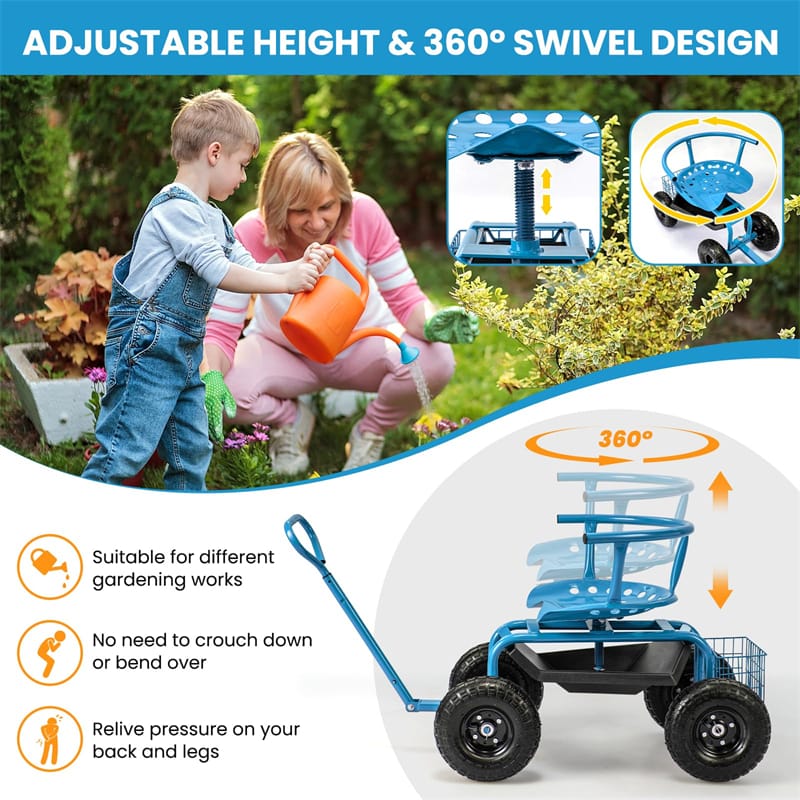 Cushioned Rolling Garden Cart Workseat Yard Wagon Scooter with Storage Basket & Extendable Steering Handle