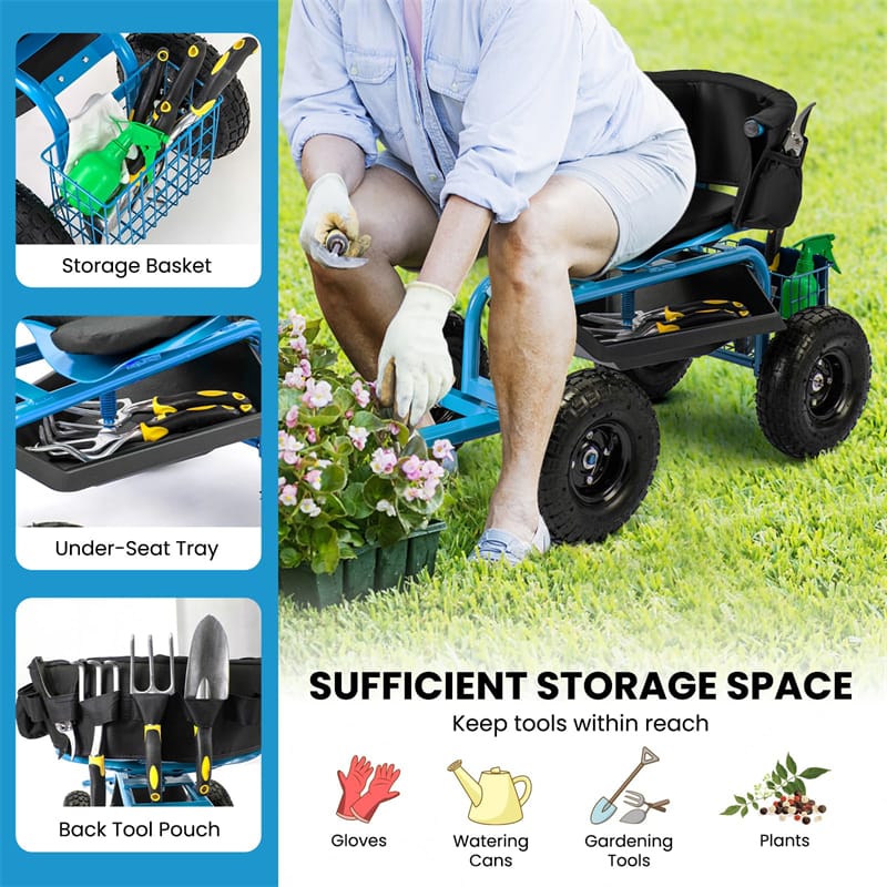 Cushioned Rolling Garden Cart Workseat Yard Wagon Scooter with Storage Basket & Extendable Steering Handle