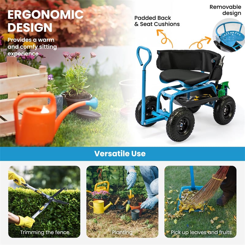 Cushioned Rolling Garden Cart Workseat Yard Wagon Scooter with Storage Basket & Extendable Steering Handle