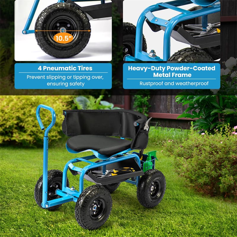 Cushioned Rolling Garden Cart Workseat Yard Wagon Scooter with Storage Basket & Extendable Steering Handle