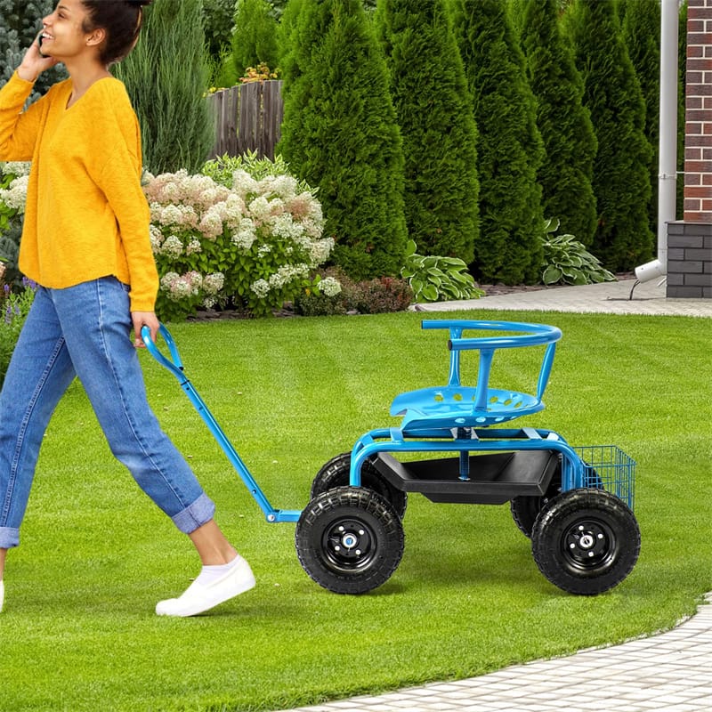 Cushioned Rolling Garden Cart Workseat Yard Wagon Scooter with Storage Basket & Extendable Steering Handle