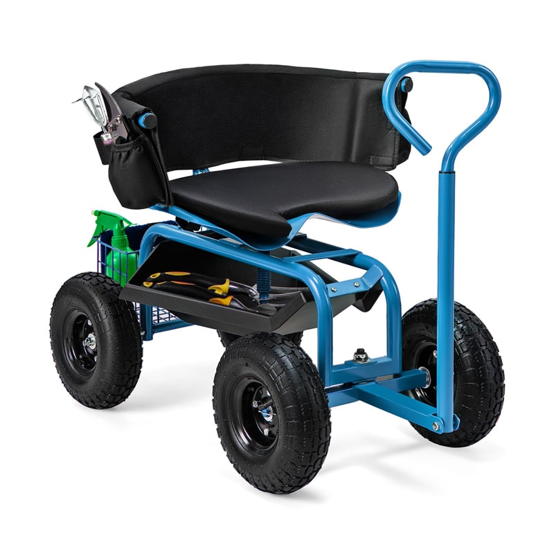 Cushioned Rolling Garden Cart Workseat Yard Wagon Scooter with Storage Basket & Extendable Steering Handle