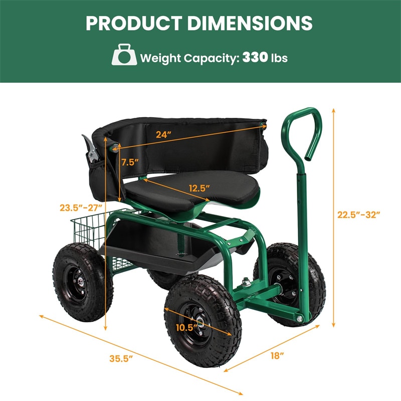 Cushioned Rolling Garden Cart Workseat Yard Wagon Scooter with Storage Basket & Extendable Steering Handle