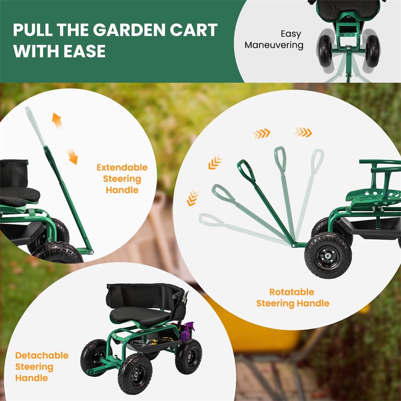 Cushioned Rolling Garden Cart Workseat Yard Wagon Scooter with Storage Basket & Extendable Steering Handle