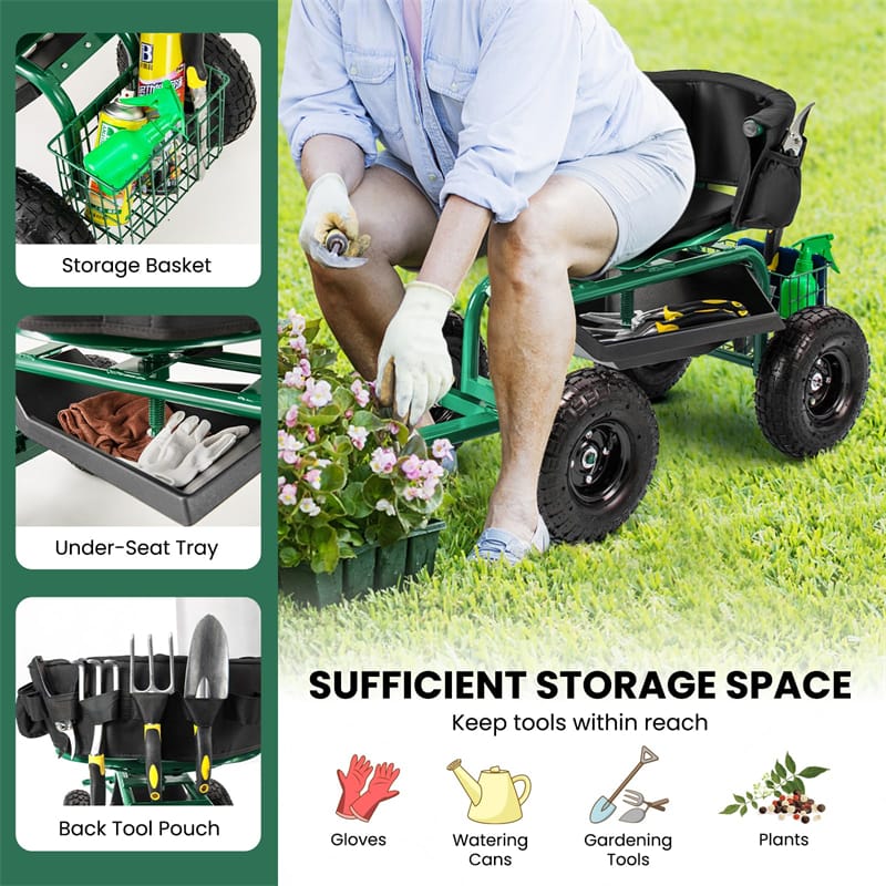 Cushioned Rolling Garden Cart Workseat Yard Wagon Scooter with Storage Basket & Extendable Steering Handle