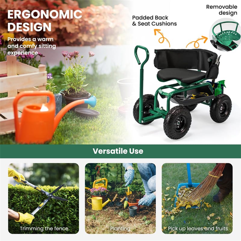 Cushioned Rolling Garden Cart Workseat Yard Wagon Scooter with Storage Basket & Extendable Steering Handle