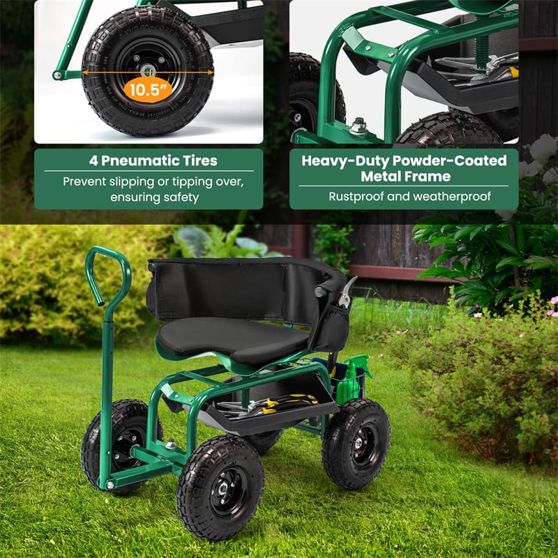 Cushioned Rolling Garden Cart Workseat Yard Wagon Scooter with Storage Basket & Extendable Steering Handle