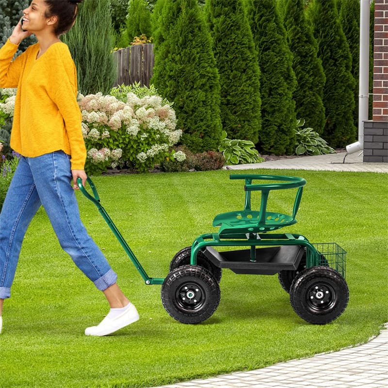 Cushioned Rolling Garden Cart Workseat Yard Wagon Scooter with Storage Basket & Extendable Steering Handle
