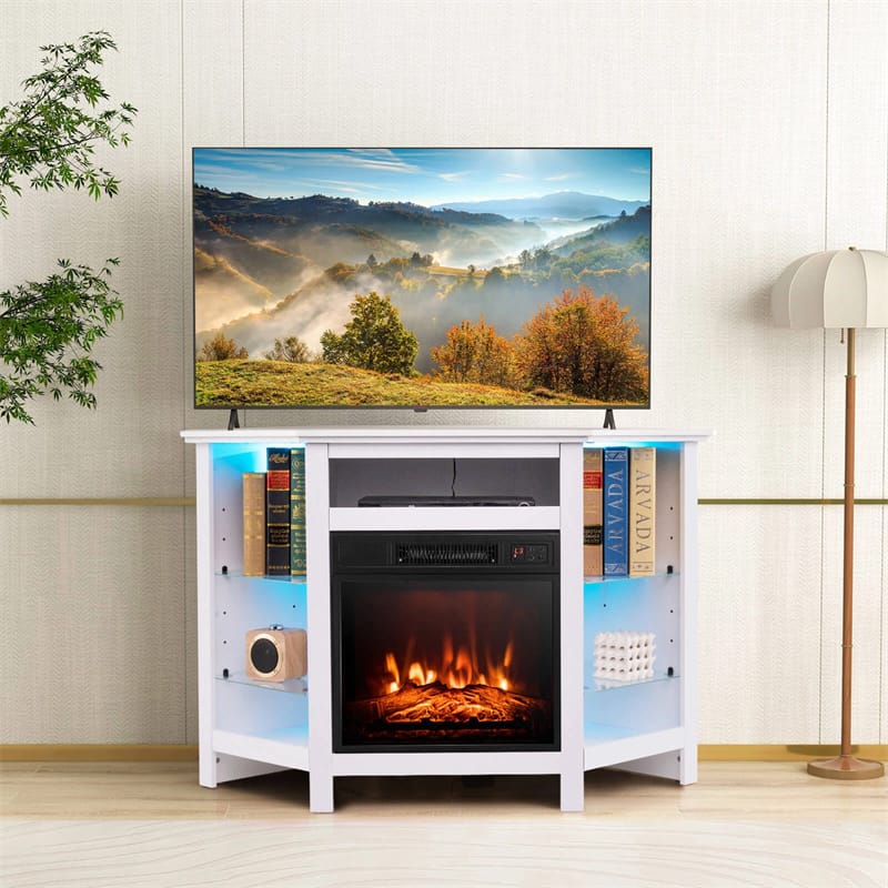 Modern Corner Fireplace TV Stand with LED Lights for TVs up to 50", Entertainment Center with Electric Fireplace & APP Control