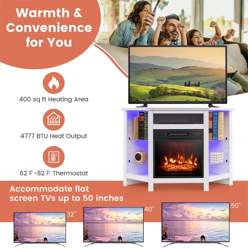 Modern Corner Fireplace TV Stand with LED Lights for TVs up to 50", Entertainment Center with Electric Fireplace & APP Control