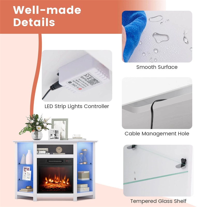 Modern Corner Fireplace TV Stand with LED Lights for TVs up to 50", Entertainment Center with Electric Fireplace & APP Control