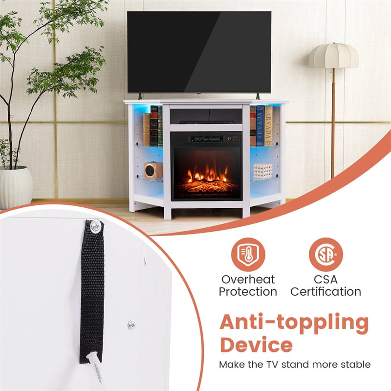 Modern Corner Fireplace TV Stand with LED Lights for TVs up to 50", Entertainment Center with Electric Fireplace & APP Control