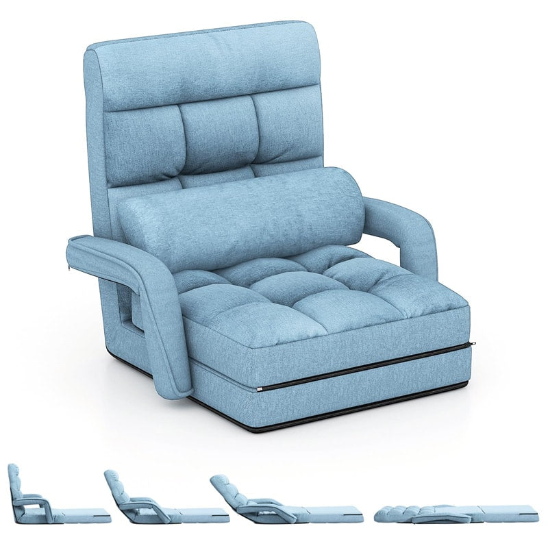Foldable Floor Chair Recliner, Single Lazy Sofa with Ergonomic Armrest, Adjustable 5 Backrest Positions & Detachable Mat