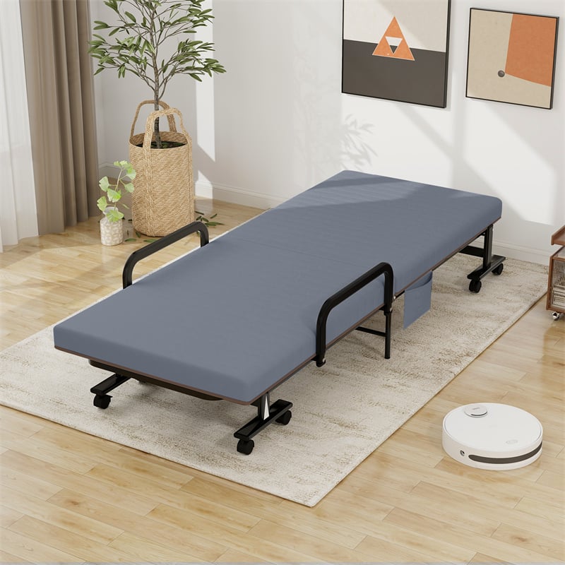 Folding Rollaway Bed with Mattress & Wheels for Adults, Portable Foldable Guest Bed with Adjustable 6 Position & Side Storage Pocket