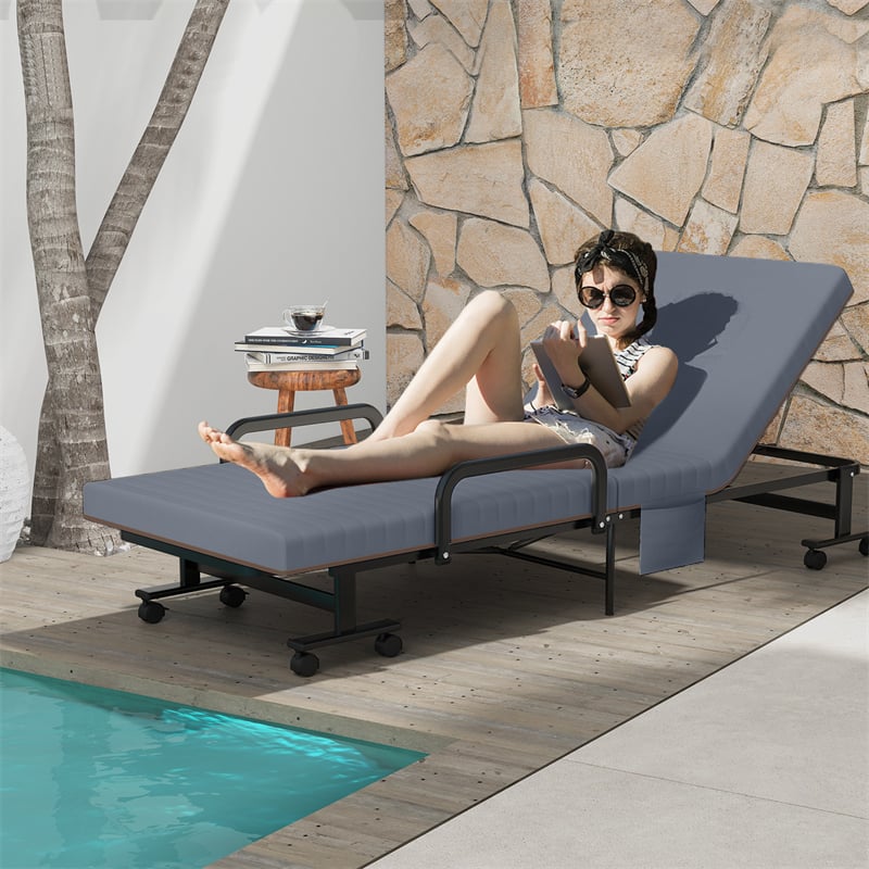 Folding Rollaway Bed with Mattress & Wheels for Adults, Portable Foldable Guest Bed with Adjustable 6 Position & Side Storage Pocket