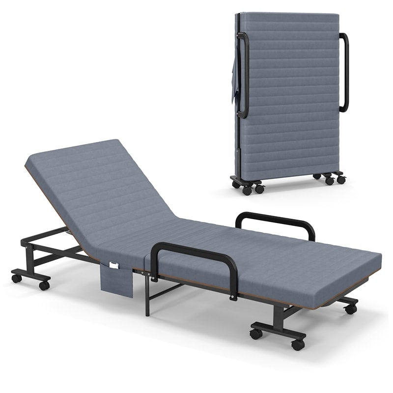 Folding Rollaway Bed with Mattress & Wheels for Adults, Portable Foldable Guest Bed with Adjustable 6 Position & Side Storage Pocket