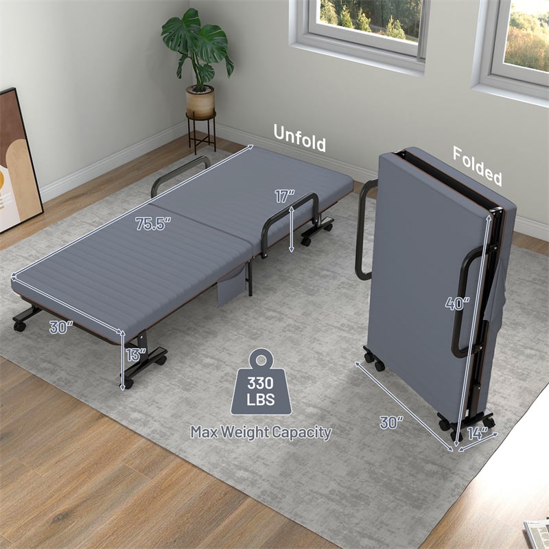 Folding Rollaway Bed with Mattress & Wheels for Adults, Portable Foldable Guest Bed with Adjustable 6 Position & Side Storage Pocket