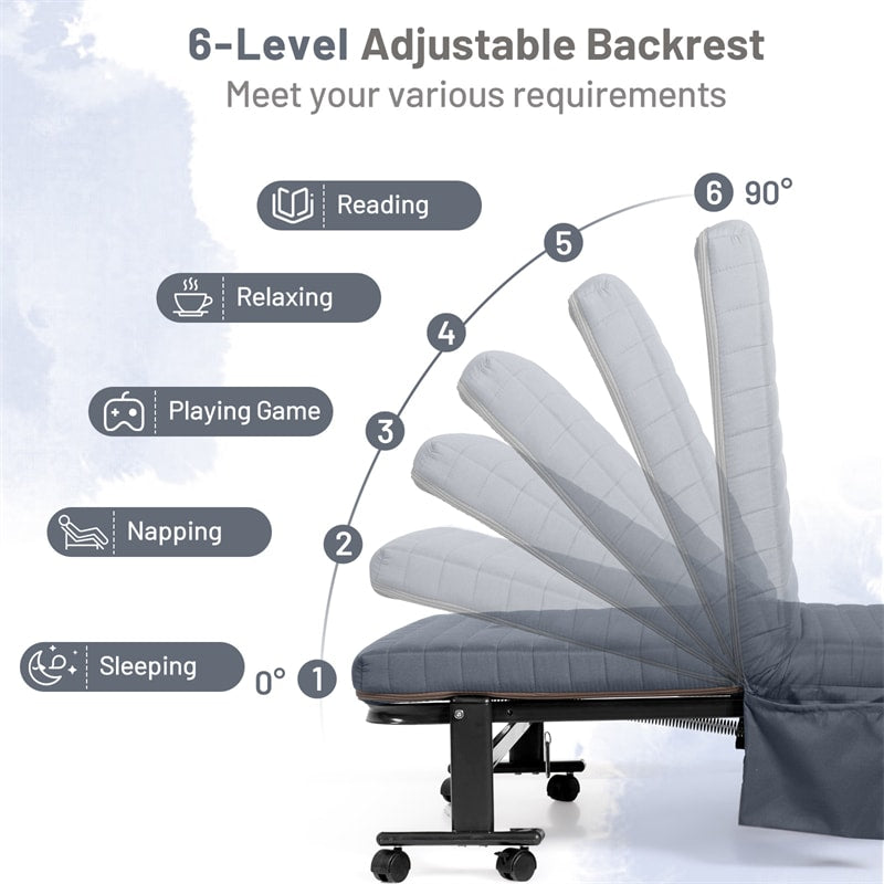 Folding Rollaway Bed with Mattress & Wheels for Adults, Portable Foldable Guest Bed with Adjustable 6 Position & Side Storage Pocket